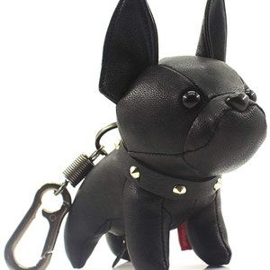 Cute Black Faux Leather Studded Bulldog Keychain